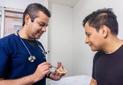 Doctor explicando a un paciente usando un modelo anatómico del corazón